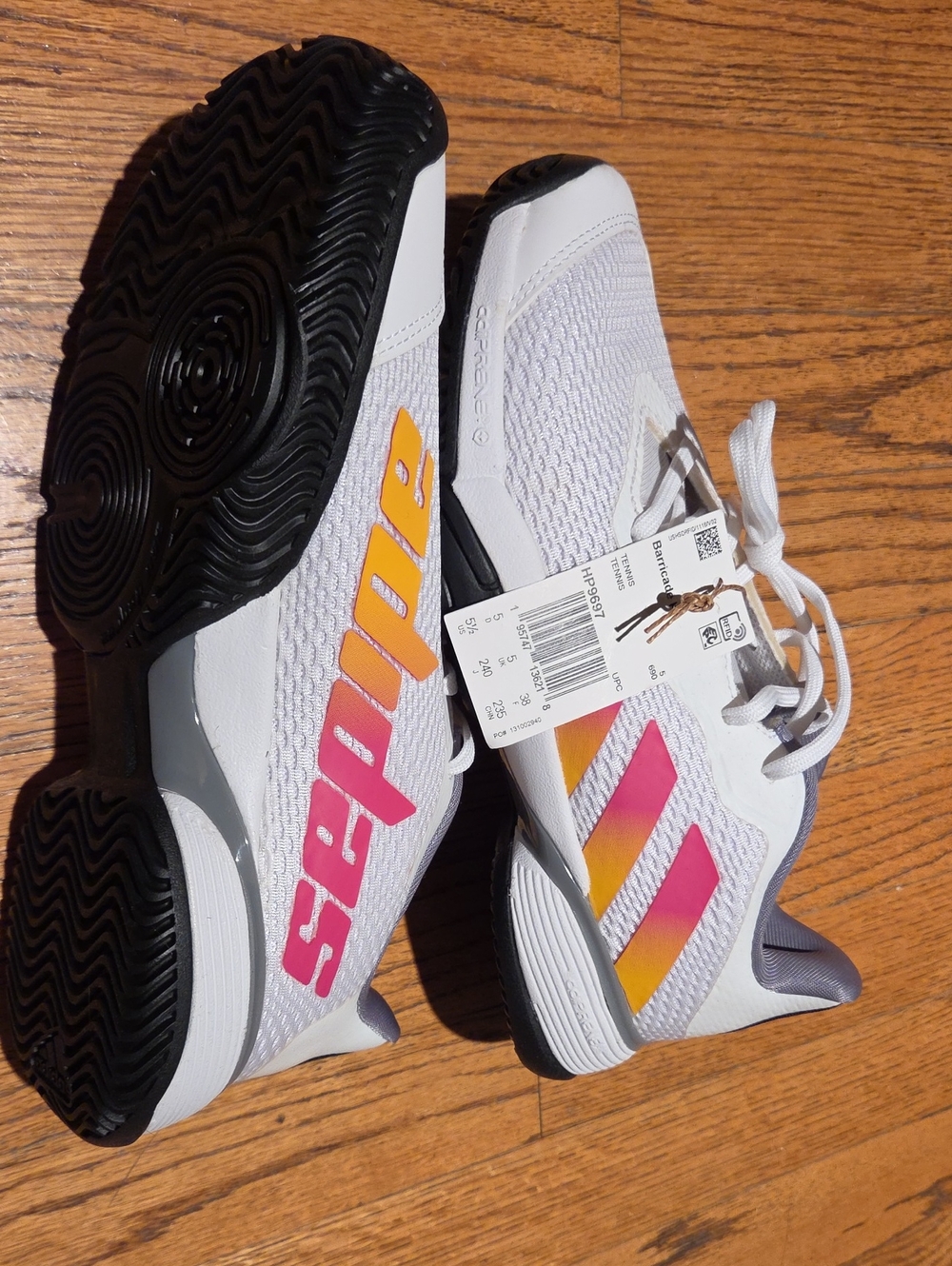 Kids Adidas White w/Pink and Yellow Stripes Barrocade Tennis Shoes New With Tags